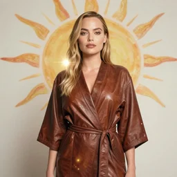 detailed Illustration of stunning Margot Robbie in a Solarpunk leather robe, abstract sun in background, accurate anatomy, full body portrait, shiny soft skin, soft lighting, sharp details, warm colors, studio portrait, 35 mm film, subsurface scattering, lens flare