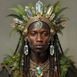 upper half portrait of retro futuristic african tribal chief - embellished with vegetation and iridescent crystals, art by chsiao - ron cheng, highly detailed, digital painting, concept art, illustration, smooth sharp focus, intricate, symmetry, artstation, colourful,
