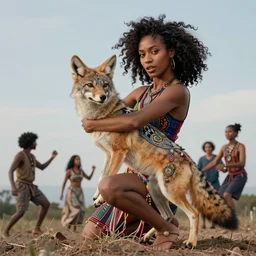 a young black haired woman talking with an intelligent coyote on the top of a hill. dance photography, dynamic dance photography, alebrijes aesthetic, gary baseman, dan mumford, pedro correa, jon macnair, portrait photography, closeup, intricate detailed, looking straight into camera