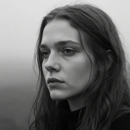award winning photo of some melancholy as antonioni would depict it, she is 2 3, she is beautiful and listens to oathbreaker, photorealistic, closeup, black and white, insanely detailed, facial features details, foggy like in norwegian black metal aesthetic