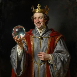 aiden gillen smirking dressed in grey robes with red and gold trim, slightly turned to the right, oil painting, holding a crystal ball, standing with a black background, styled as a royal portrait, high quality, ultra detailed