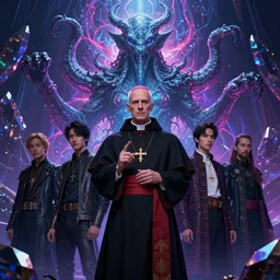 uhd hyperrealistic photorealisitc hyperdetailed detailed pope priest necromancer in front of a cthulhu, neon colors, fractal crystal, fantasy beauty portrait by tom bagshaw, tooth wu, wlop, james jean, victo ngai, beautifully lit, highly detailed, artstation, fantasy art by craig mullins, thomas kinkade