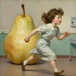 realistic vintage painting of a woman with a detailed face running away from a giant pear in a sanatorium