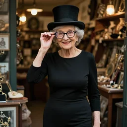 a smiling lovely cute granny in a tight black dress with a top hat and monocle. dimly lit pawnshop background. beautiful lighting. editorial photography
