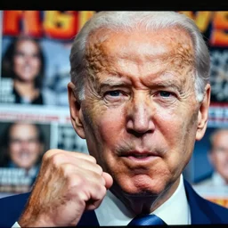 closeup potrait of angry joe biden holding fist up at camera, screen light, sharp, detailed face, magazine, press, photo, Steve McCurry, David Lazar, Canon, Nikon, focus