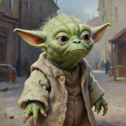 an extremely well painted and super detailed oil painting of yoda looking lost and confused in a soviet era street, professional painting by beeple, dynamic lighting, trending on artstation, octane render, sharp focus