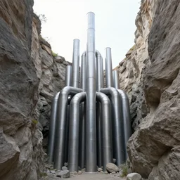 A cathedral in a ravine with steel pipes emerging from it, created by Ruxing Gao, trending on artstation