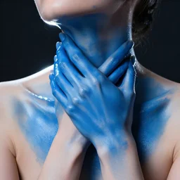 thin hands! wrapped tight around neck clavicles, glossy blue paint, 8 k, backlit