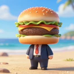 a man with a hamburger head wearing a business suit as nendoroid, at the beach, croods movie style, anime, disney, pixar, 8 k, hd, dof, kodak film, volumetric lighting, subsurface scattering, photorealistic, octane render, details
