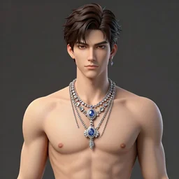 a character model design of a very handsome young man wearing excessive jewelry in an ornate and elegant way