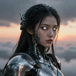 biblical diabolical beautiful female valkyree! samurai cyborg, slick metal plastic armor, heavy eyes to the side, closeup, bright glowing eyes, in clouds, rain, sunset, portrait, by gerald brom, by mikhail vrubel, by peter elson, muted colors, extreme detail, reflections, trending on artstation, 8 k