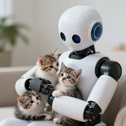 a robot cuddling kittens