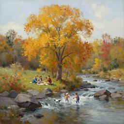 A beautiful oil painting of a single tree, the tree is in the rule of thirds, a family is under the tree having a picnic, the kids are playing with the dog at the river while the are splashing the water, the fall has arrived and the leafs started to become golden and red, the river is flowing its way, the river has lots of dark grey rocks, oil painting by Greg Rutkowski