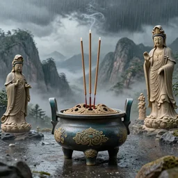 post design of wenjun lin digital illustration of incense burner and incense, mountains, rainstorms, clay statues of guanyin ， unreal engine, hyper realism, realistic shading, cinematic composition, realistic render, octane render, detailed textures, photorealistic, wide shot