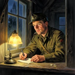 color illustration by jack kirby and jose maria jorge ; matt damon as an american sergeant dreaming staring out the window while writing a letter under a table lamp, all alone at night, in a cabin in france, full portrait, year 1 9 4 2, insanely detailed and intricate, world war 2, cinematic dramatic lamp light