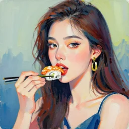 portrait of beautiful woman eating sushi painted with colorful gouache impasto