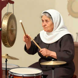 a babushka hits a gong with a drumstick that looks like a cigarette, digital art