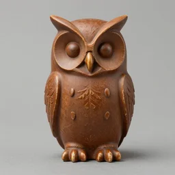 A brown statuette of an owl. solid Background.