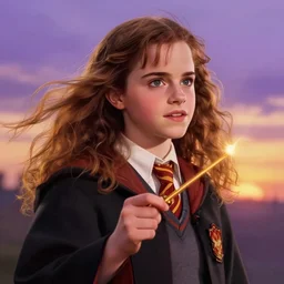 digital art, [ young ] emma watson as hermione granger [ 2 0 0 4 ], medium close up, casting a spell, watching the sunset, during golden hour, wind blowing, purple sky, details, sharp focus, illustration, by jordan grimmer and alphonse mucha and greg rutkowski and thomas kinkade, intricate, beautiful, trending on artstation.