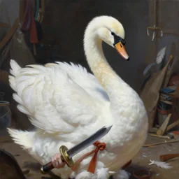 matte oil painting, anthropomorphic white swan that is dressed as a ninja rogue while holding a shuriken dagger, as a dnd character, inside a cluttered dojo, feathers, belts, extremely detailed, digital illustration, concept art, readability, smooth, sharp focus, art by paul bonner, and brothers hildebrandt, and thomas kinkade