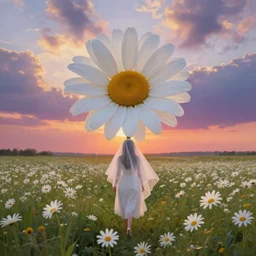 giant white daisy flowers veil head, girl walking in a flower field, surreal photography, sunrise, dramatic light, impressionist painting, colorful clouds, digital painting, artstation, simon stalenhag