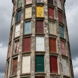 close - up view of a tower covered by various different doors, bleached colours, moody cloudy sky, dystopia, mamiya, f 1. 8, very detailed, photographed by bruno barbey