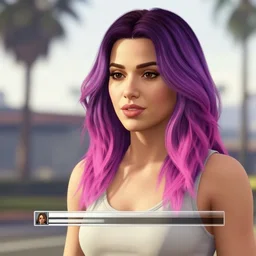 a stunning GTA V loading screen with a beautiful woman with ombre hairstyle in purple and pink blowing in the wind listening to music on headphones, beautiful sky with cumulus couds, golden ratio, digital art, trending on artstation