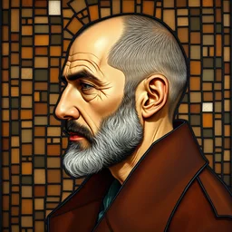detailed portrait of gaunter o'dimm, profile view, side view, lebanese man, 4 5 years old, brown coat, shaved head, slight stubble, stained glass art, by alphonse mucha, brown mosaic background, very masterful, no artifacts
