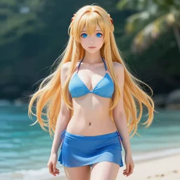 a very beautiful young yuuki asuna, full body, long wavy blond hair, sky blue eyes, full round face,, bikini, miniskirt, front view, mid - shot, highly detailed, cinematic wallpaper by stanley artgerm lau