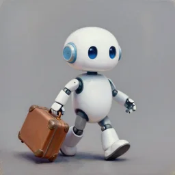 an illustration of a tiny robot walking happily with a suitcase on its hand, oil painting, trending on artstation