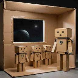 an interior movie set made entirely of cardboard duct tape of an alien space ship, there's a window which is a poorly rendered jpeg of space, the astronauts are wearing blocky cardboard spacesuits, and the alien is a cardboard stand hastily colored in with crayon, photorealistic