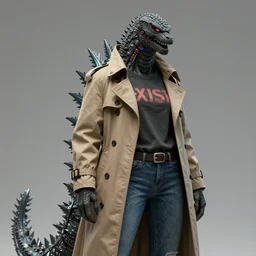 a female monstrous inhuman humanoid cyberpunk godzilla dressed in a trench coat, t - shirt, and jeans trending on artstation deviantart pinterest furaffinity detailed realistic high resolution hd 8 k