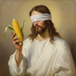 painting of blindfolded jesus christ holding a cornucopia