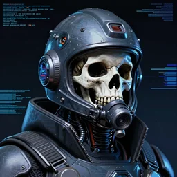 portrait of a military cyberpunk Akira space pirate in concept armor cyborg skull details, a futuristic prototype oxygen intake helmet, sci-fi blue and black analogue interferences, style of Akira, by Abigail Larson + Alan Lee + Audrey Kawasaki + Giovanni-Piranesi + Winsor-McCay + Howard-Pyle, headshot, 8k vhs glitch, cinematic, sharp focus, smooth, sense of awe