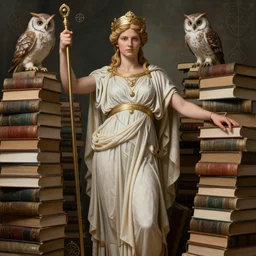 catherine bell as the goddess minerva surrounded by stacks of books, owls, esoteric symbols, in the style of thomas dodd, 8 k, hyperdetailed
