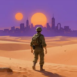 cel shading background, science fiction pc game point - and - click adventure, studio ghibli, soldier roaming through desert with city in the skyline, two suns, purple orange colors, sharp focus, illustration, highly detailed, digital painting, concept art, matte, art by wlop and artgerm and greg rutkowski, masterpiece