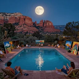 full moon over a pool in a courtyard in the Sedona Arizona desert, people lounging, painting in the style of Max Ernst, incredible, 4k