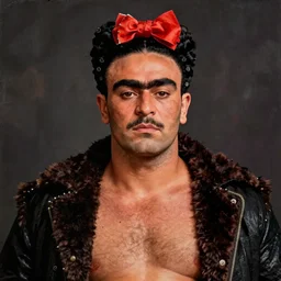 portrait of a fat hairy wrestler with a dark furry jacket in the style of frida kahlo and robert rauschenberg