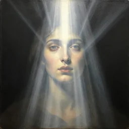 painting portrait of a person with a bright light beam emanating rays of light and totally covering their head, matte painting, masterpiece, by Caravaggio, desaturated, cosmic horror, calm, serene, looming