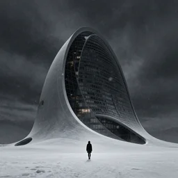 emissary mountain space by arthur haas and bruce pennington and john schoenherr, cinematic matte painting, zaha hadid building, photo realism, snowfall, dark monochrome color palate, small woman silhouette for scale