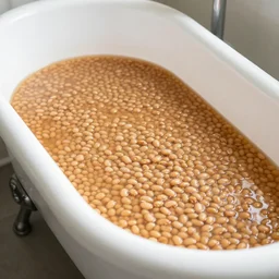 a bathtub filled with baked beans
