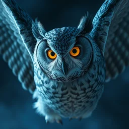 portrait of a gray owl with bright golden eyes flying toward us, blue night lighting, highly detailed, digital painting, artstation, concept art, sharp focus, cinematic lighting, illustration, art by artgerm and greg rutkowski, alphonse mucha, cgsociety
