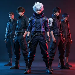 killua zoldyck, streetwear, techwear, cyberpunk style outfit, scifi, blue & red side lighting, full body, nose piercing, detailed portrait, intricate complexity, by greg rutkowski, artgerm, ross tran, conrad roset, takato yomamoto, ilya kuvshinov. 4 k, beautiful, aesthetic octane render, cinematic dramatic atmosphere