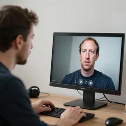 pavel durov communicates with mark zuckerberg via skype on a computer, technology realism, 8 k detail, proportions, golden ratio, composition, soft light, depth of field, focus