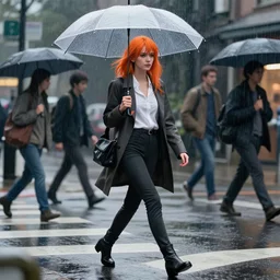 a stylish orange haired woman walks across the street in the rain with an umbrella environment | | fine detail!! anime!! realistic shaded lighting!! by ilya kuvshinov katsuhiro otomo ghost - in - the - shell, magali villeneuve, artgerm, jeremy lipkin and michael garmash and rob rey