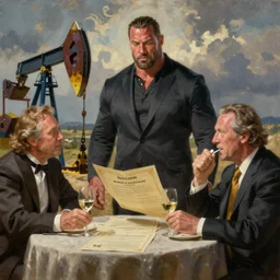 brock lesnar as baron harkonnen is dismayed to find no option for oil on the menu, painted by norman rockwell and tom lovell and frank schoonover