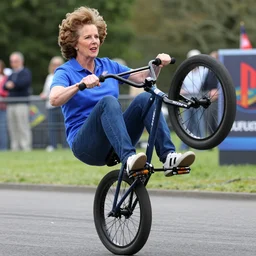 margret thatcher performs a wheelie on a bmx, playstation 2 video game screenshot