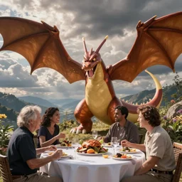 dragonite eating dinner at a table happiness is temporary by greg rutkowski