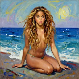 Déesse Vénus shakira, assise au bord de la mer dans le style de William Adolphe Bouguereau et Jackson Pollock