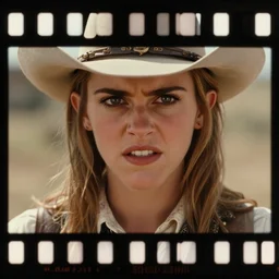 emma watson as a cowboy in a western movie directed by sergio leone, angry expression, promotional image, detailed face, movie still frame, black cinema bars, techniscope 3 5 mm film